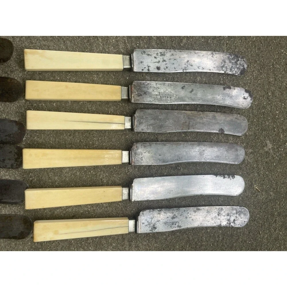 12 Antique Eugen Hahn Ludwigsburg German Dinner Knives Carbon Steel Bone Handle